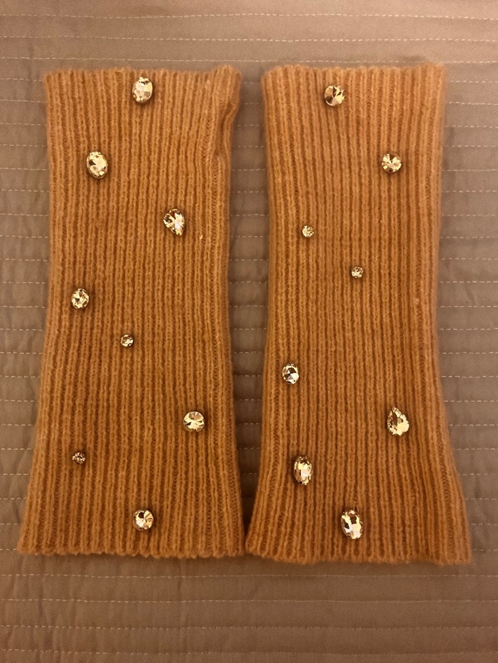 Steve Madden Arm Warmers Biscotti Ribbed Knit Crystal Accents